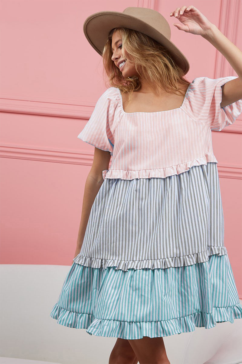 Square Neck Puff Sleeve Ruffled Hem Tiered Dress (Online Only, Ships from USA)