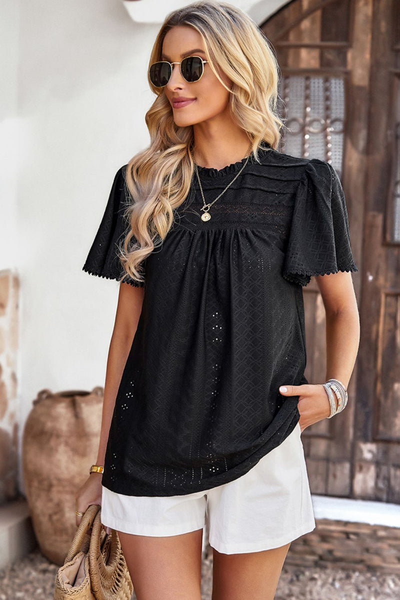 Frill Trim Round Neck Eyelet Puff Sleeve Blouse  (Online Only)