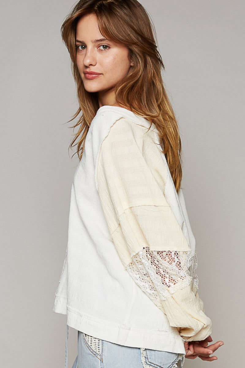 POL Balloon Sleeve Crochet Patch Top (Online Only)