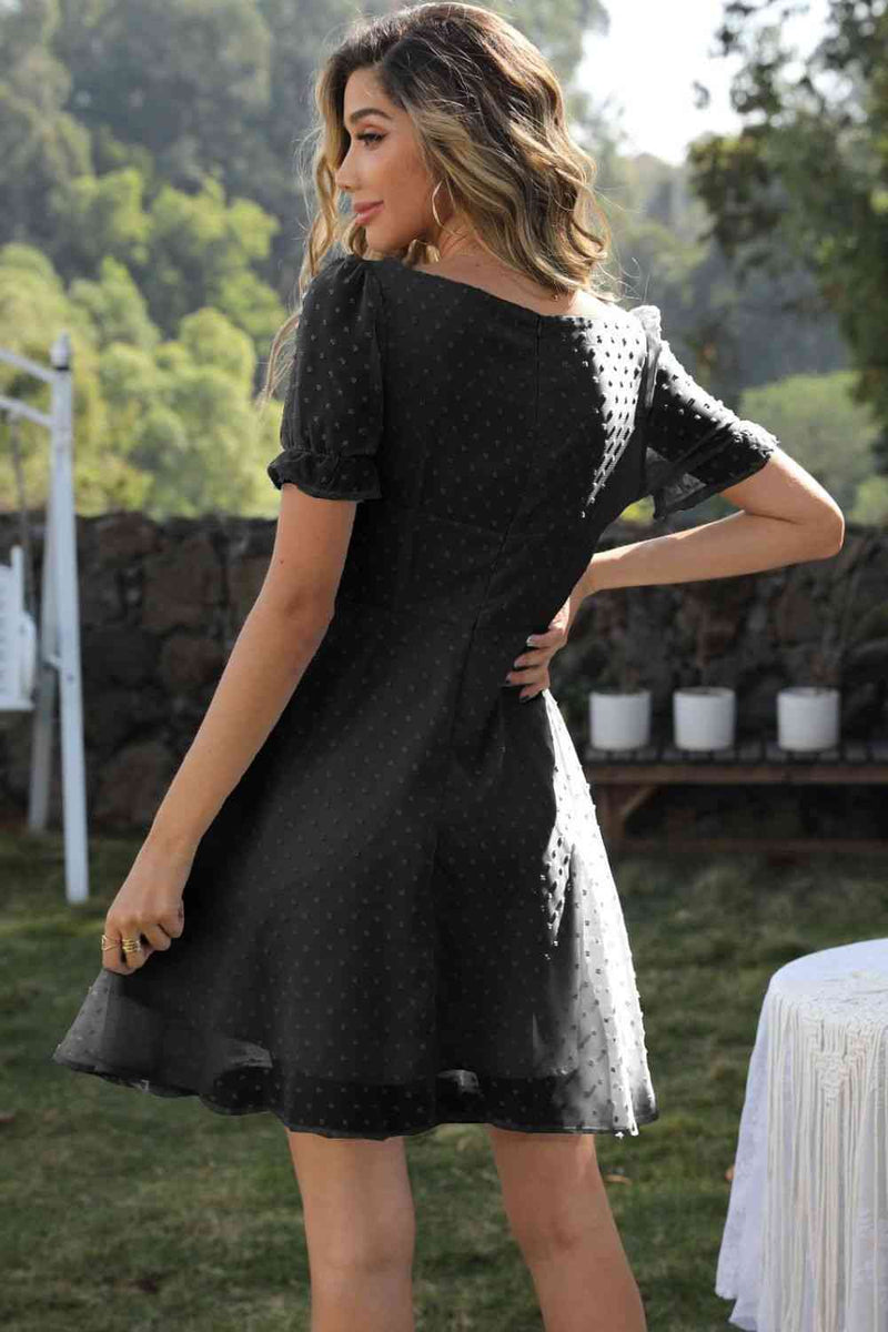 Square Neck Swiss Dot Flounce Sleeve Dress (Online Only)