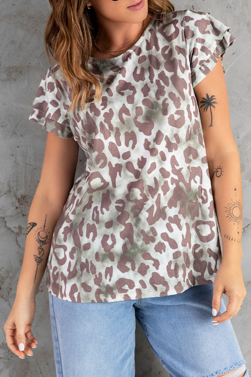Leopard Layered Flutter Sleeve Tee Shirt  (Online Only)