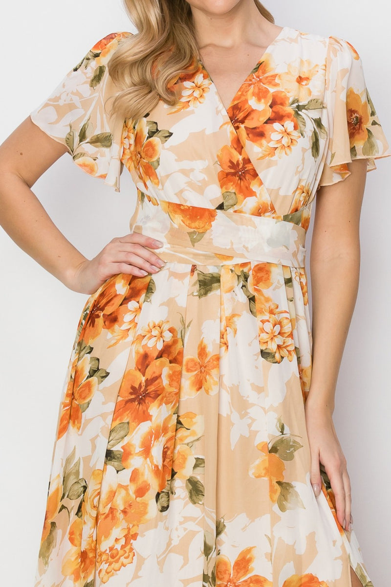 Floral Tie Back Short Sleeve Slit Maxi Dress (Online Only, Ships from USA)