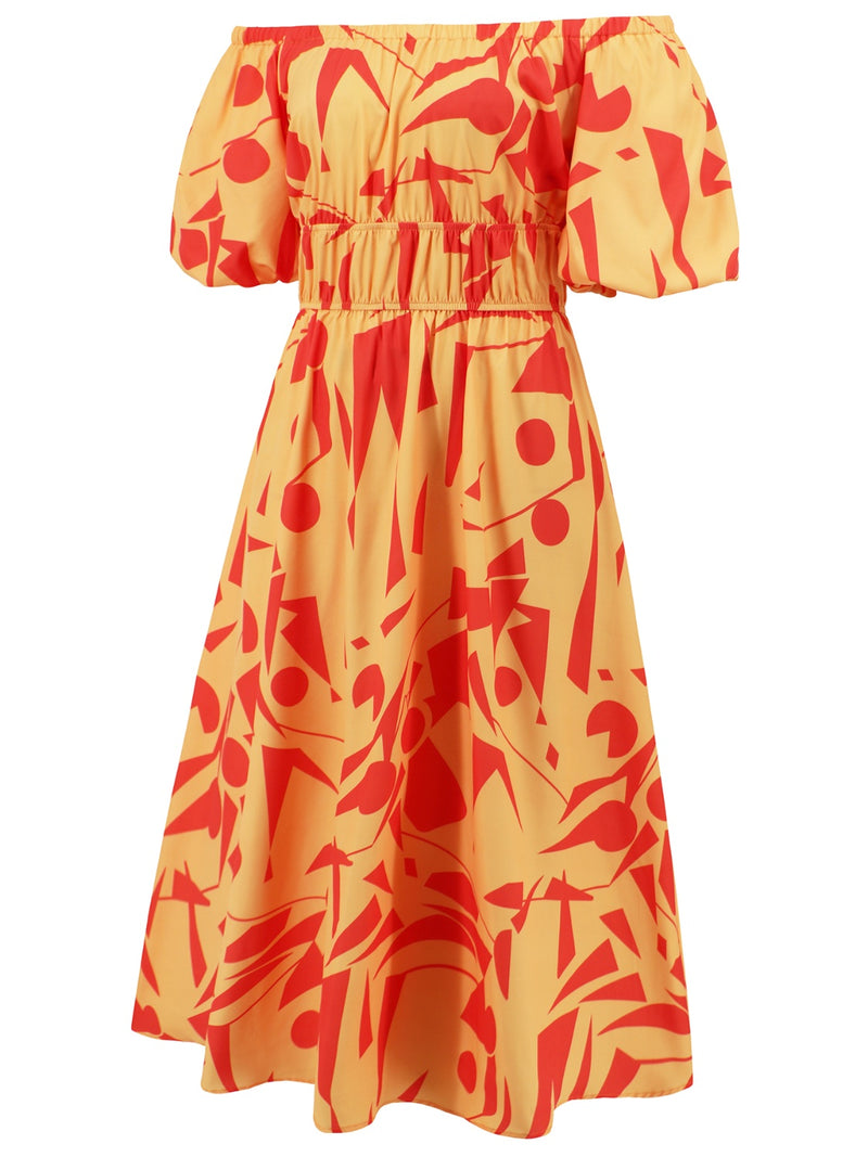 Printed Off-Shoulder Balloon Sleeve Dress (Online Only)