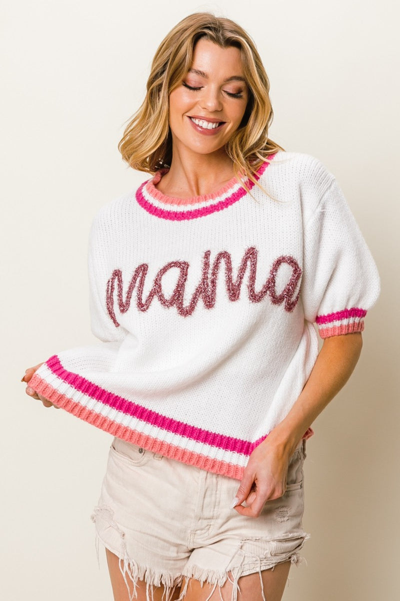 MAMA Contrast Trim Short Sleeve Sweater (Online Only, Ships from USA)