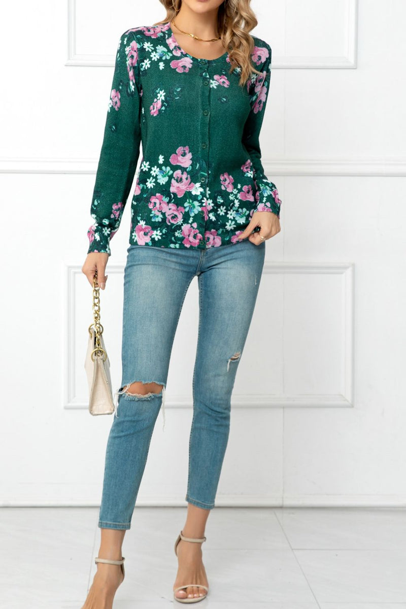 Floral Button Front Round Neck Cardigan  (Online Only)
