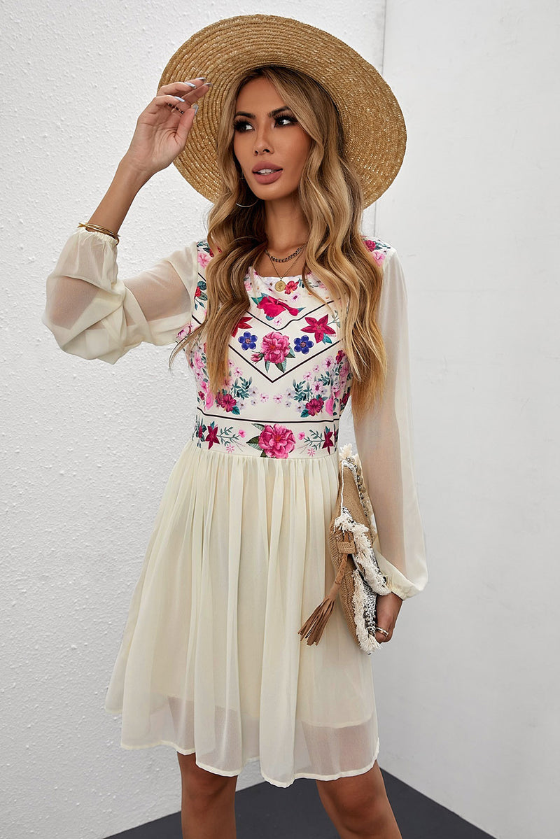 Floral Mesh Sleeve Lined Dress  (Online Only)