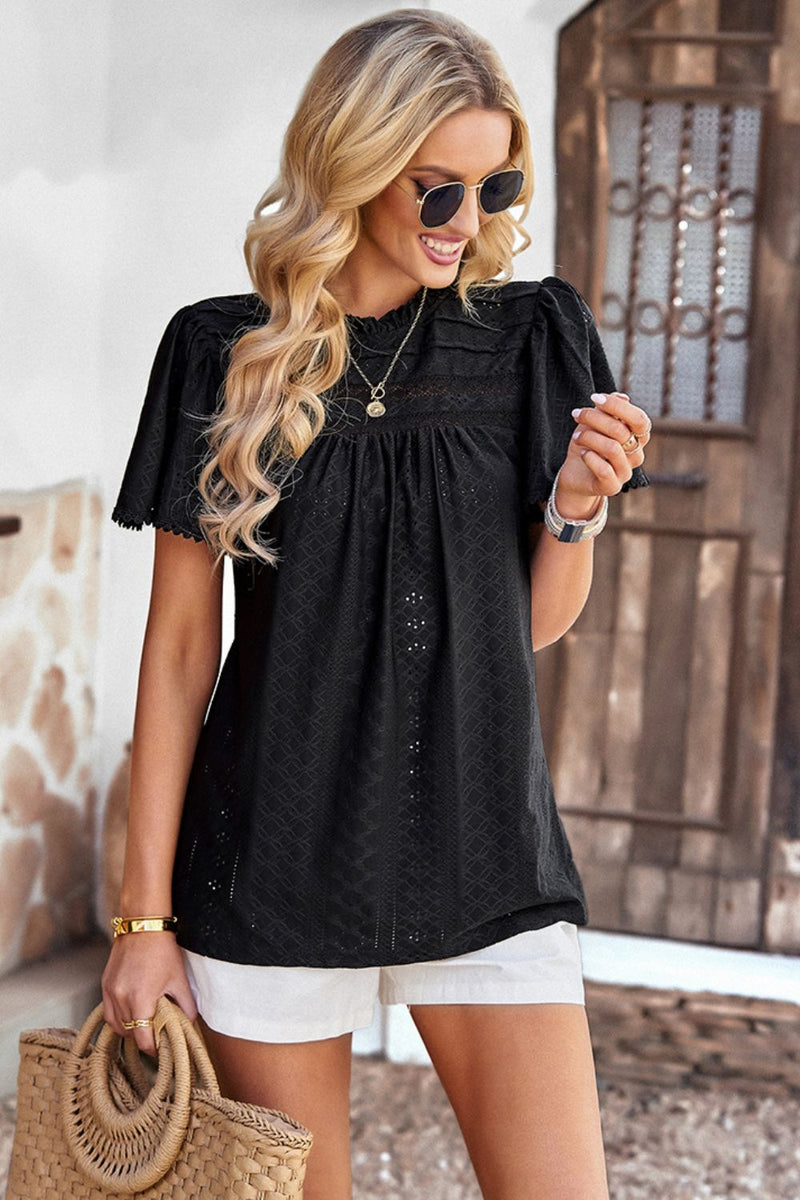 Frill Trim Round Neck Eyelet Puff Sleeve Blouse  (Online Only)