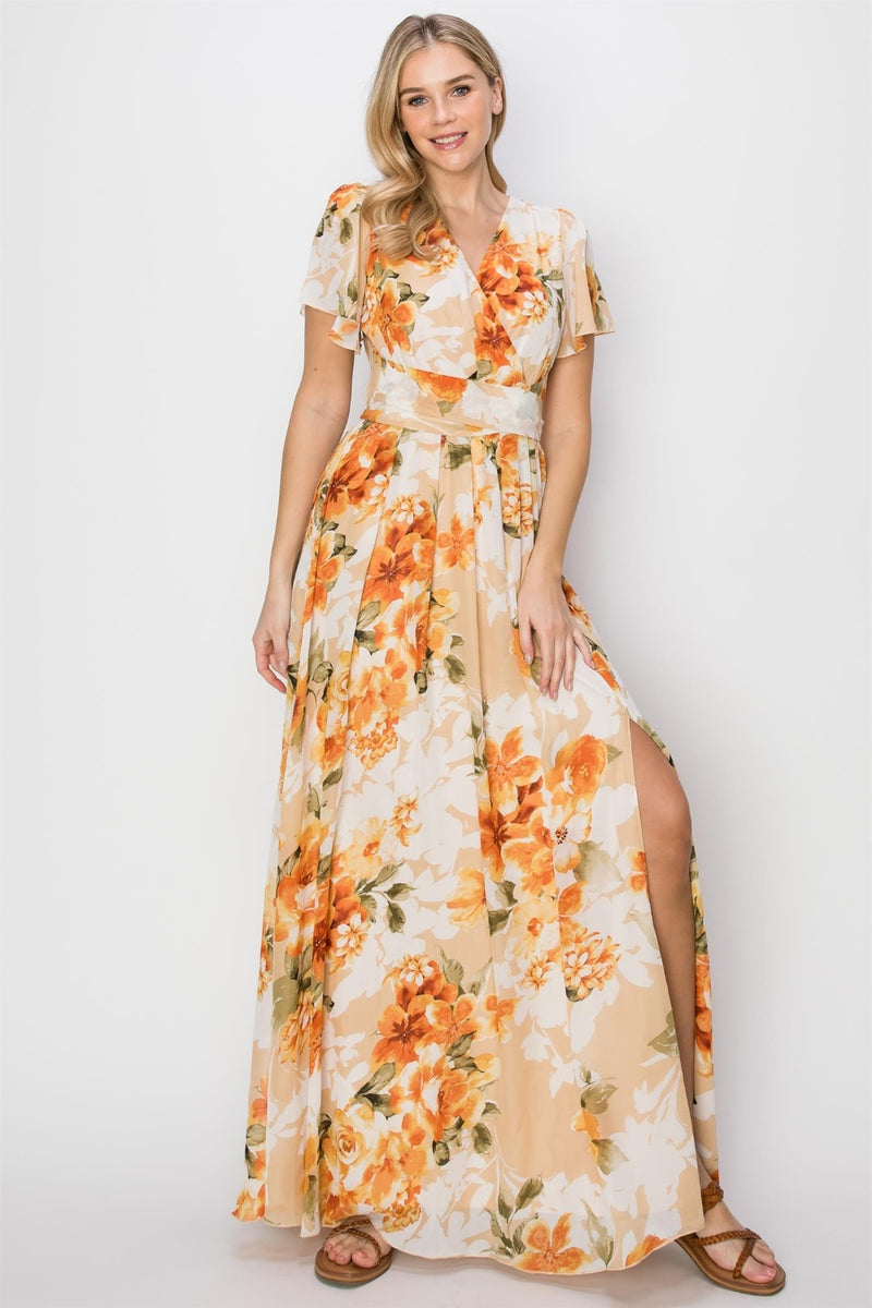 Floral Tie Back Short Sleeve Slit Maxi Dress (Online Only, Ships from USA)