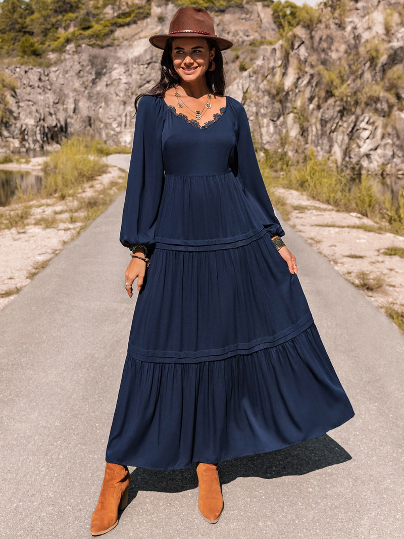 Long Sleeve Lace Trim Maxi Dress (Online Only)