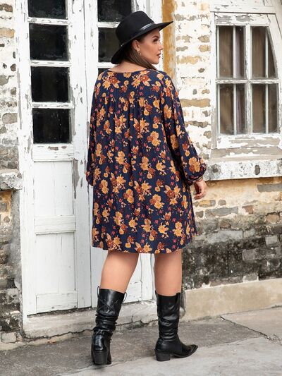 Plus Size Floral V-Neck Balloon Sleeve Dress (Online Only)