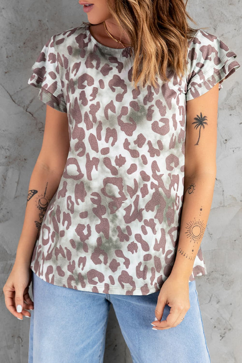 Leopard Layered Flutter Sleeve Tee Shirt  (Online Only)