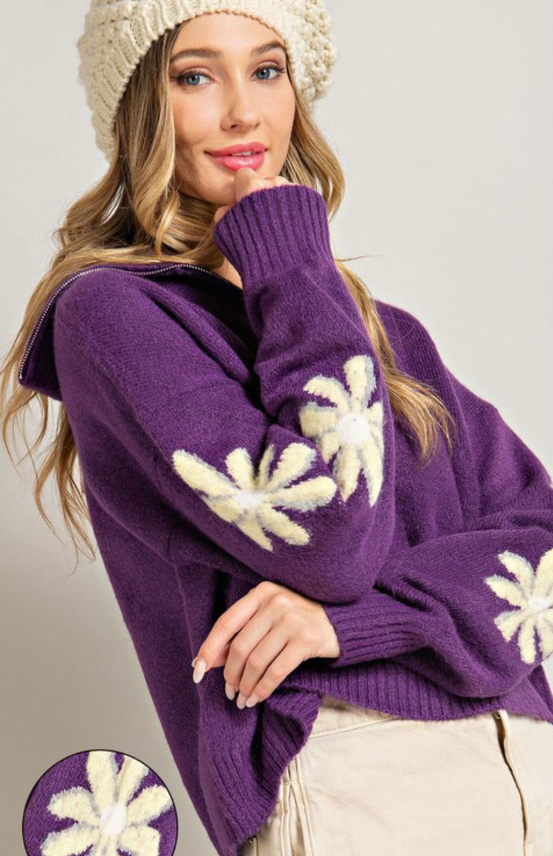 Quarter Zip Sweater W/ Flower Detail