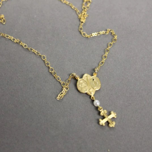 Metal & Cross Pearl Drop Necklace
