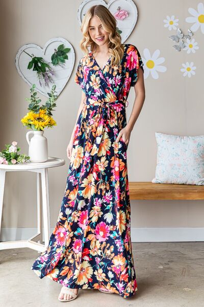 Floral Surplice Tie Waist Maxi Dress (Online Only)
