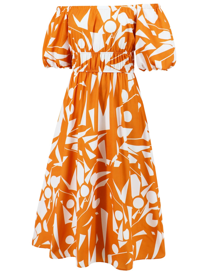Printed Off-Shoulder Balloon Sleeve Dress (Online Only)