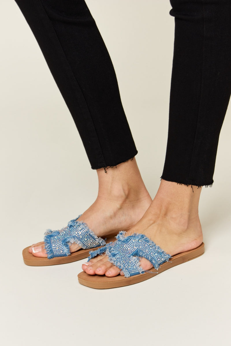 Raw Trim Denim H-Band Flat Sandals (Online Only, Ships from USA)