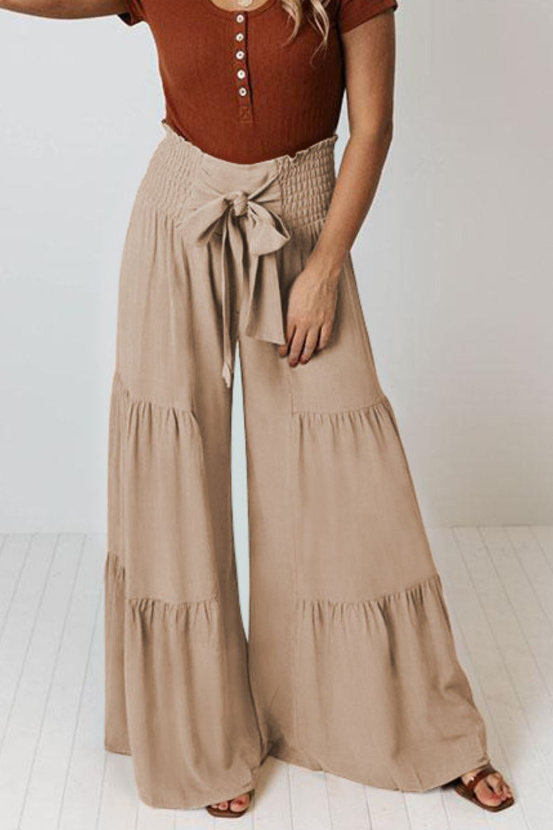 Tie Front Smocked Tiered Wide Legged Pants  (Online Only)