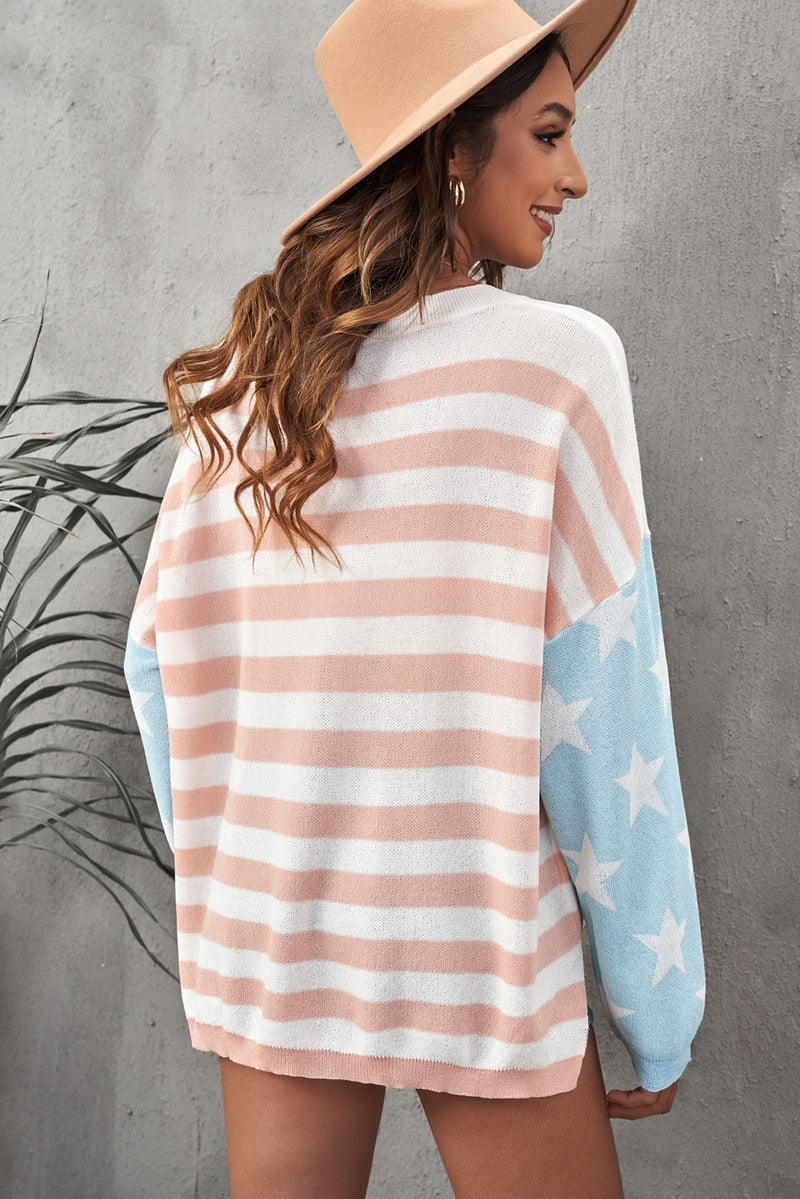 US Flag Side Slit Drop Shoulder Knit Pullover (Online Only)