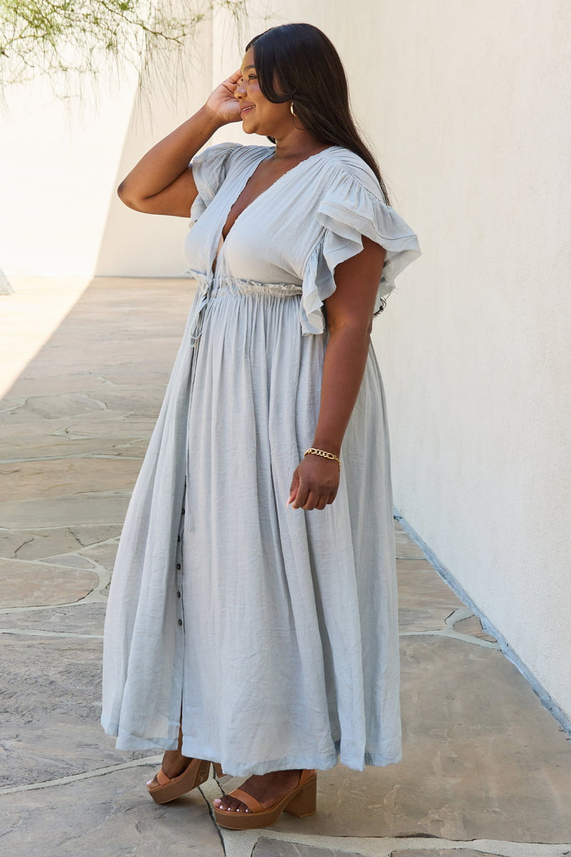 Sweet Lovely Drawstring Deep V Butterfly Sleeve Maxi Dress (Online Only)