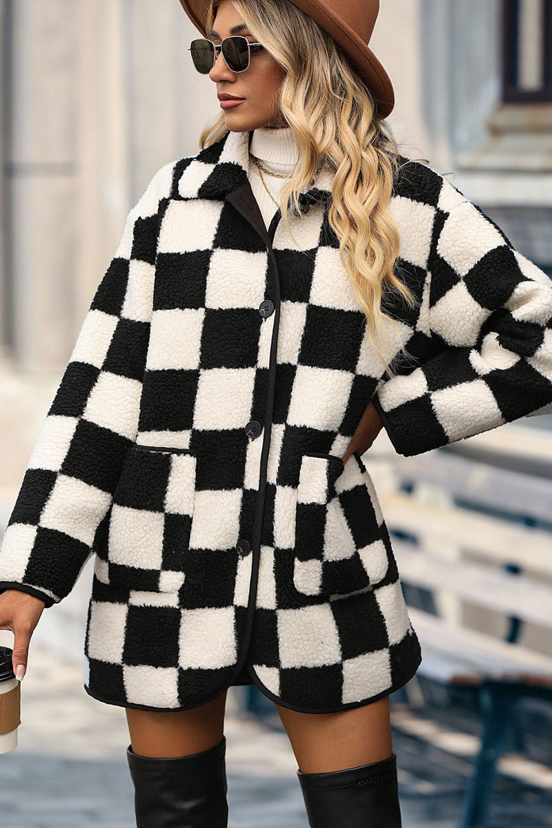 Plaid Buttoned Collared Neck Faux Fur (Online Only)