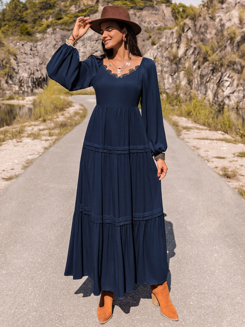 Long Sleeve Lace Trim Maxi Dress (Online Only)