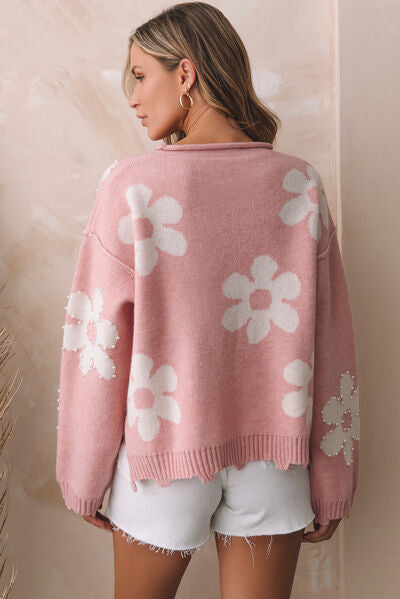 Flower Pattern Pearl Detail Rolled Slit Sweater (Online Only)