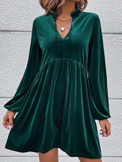 Deep Green Balloon Sleeve Mini Dress (Online Only)
