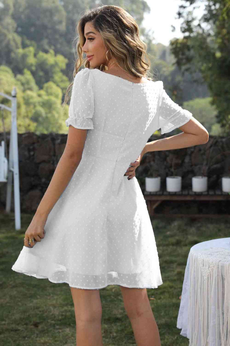 Square Neck Swiss Dot Flounce Sleeve Dress (Online Only)