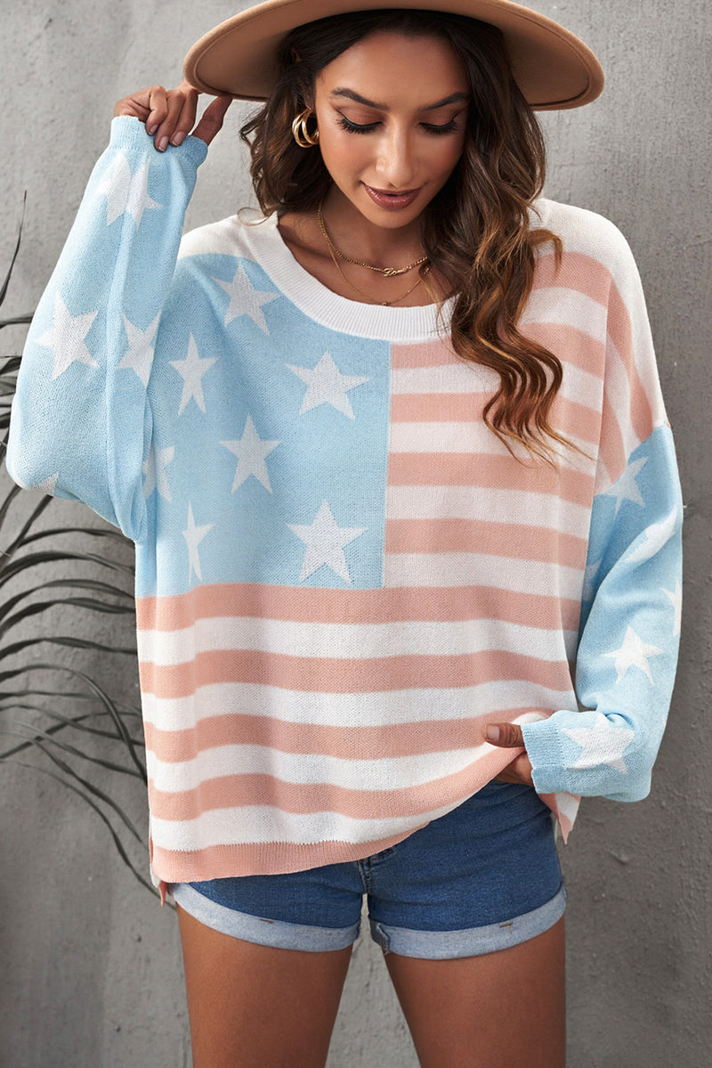 US Flag Side Slit Drop Shoulder Knit Pullover (Online Only)