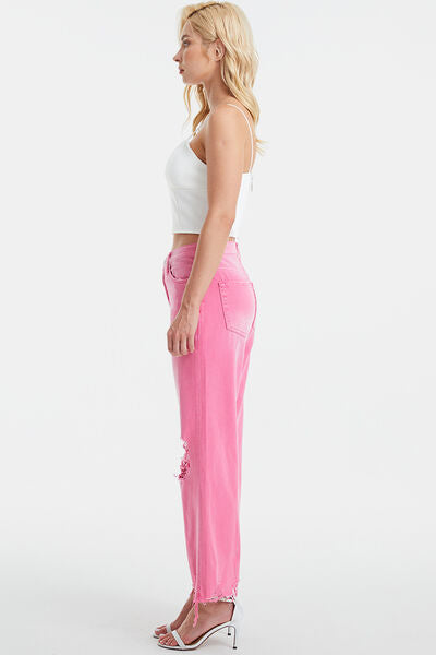 Pink High Waist Distressed Raw Hem Jeans (Online Only)