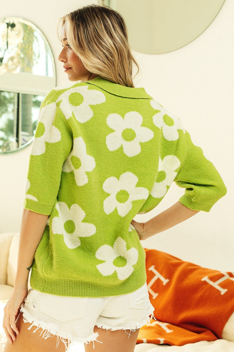 Flower Pattern Johnny Collar Sweater (Online Only, Ships from USA)