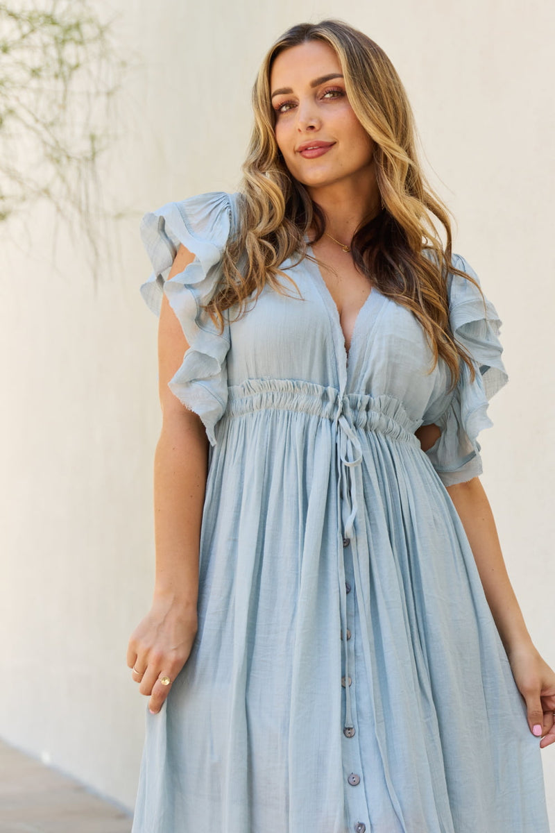 Sweet Lovely Drawstring Deep V Butterfly Sleeve Maxi Dress (Online Only)