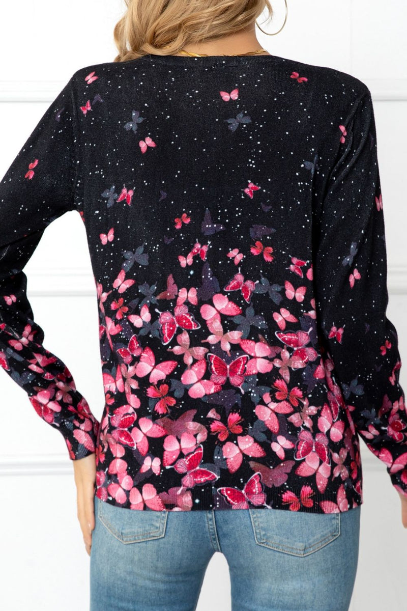 Floral Button Front Round Neck Cardigan  (Online Only)